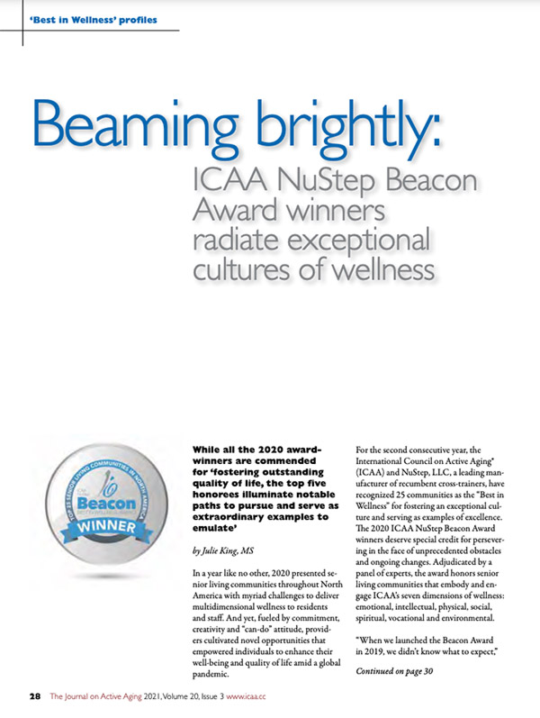 Beaming brightly: ICAA Nustep Beacon Award winners radiate exceptional cultures of wellness by Julie King, MS